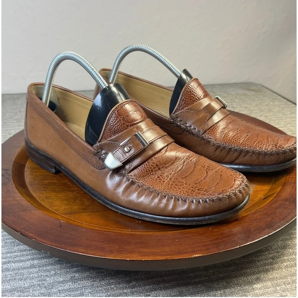 Vintage Boot Loafers Ostrich Embossed Buckle Strap Moc Toe 11 M Brown Dress